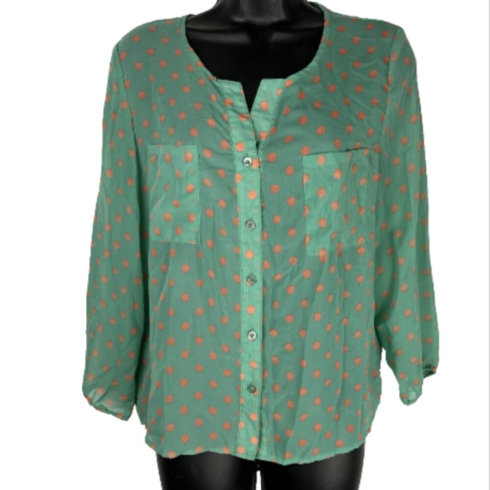 Moon Collection Large Sheer Polka Dot Multi Color 3/4 Sleeve Blouse w/pockets